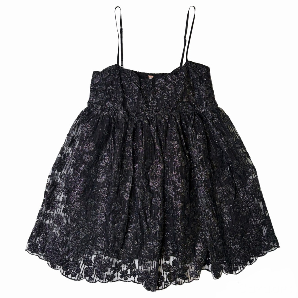 Free People | Black Floral Lace All That Glitters Mini Babydoll Dress